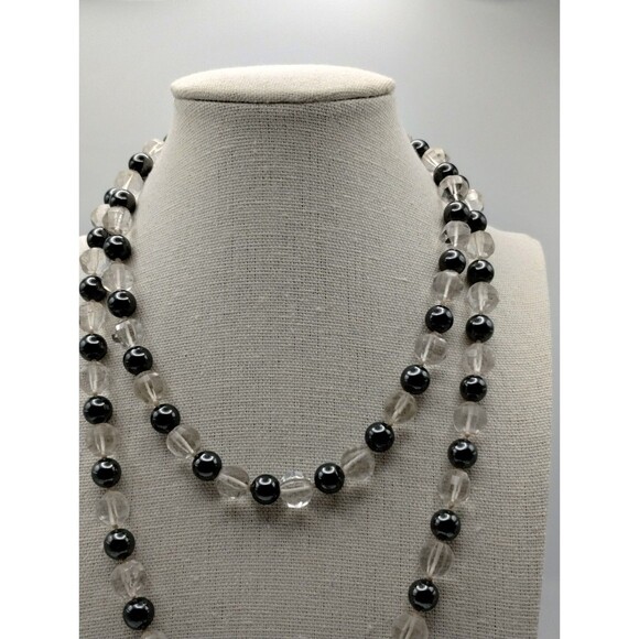 Necklace Black Spinel Clear Rock Crystal Faceted Hand Knotted. Art Deco 18" - Picture 3 of 4